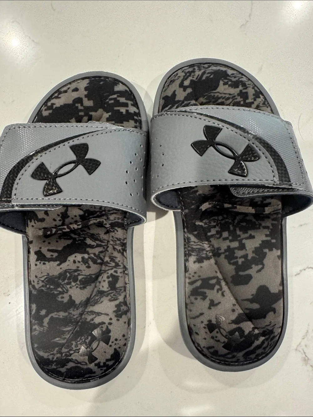 Under Armour Gray and Black Camo Kids Slide Sandals